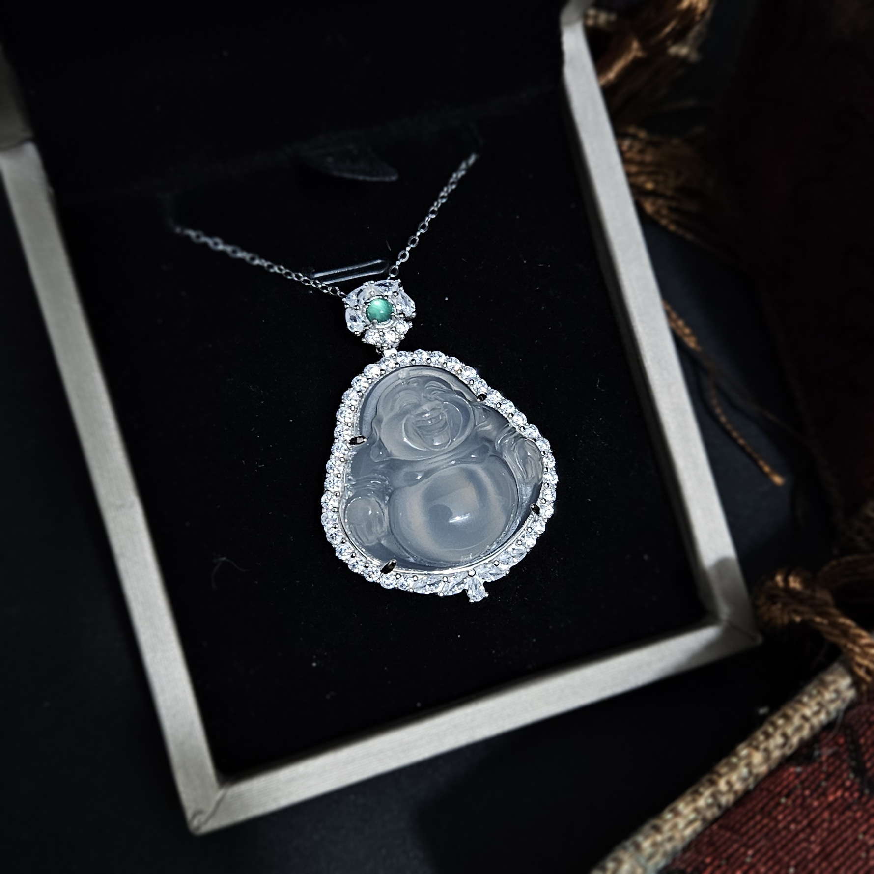 s925银天然冰种玉髓大肚佛吊坠新中式高冰佛公项链弥勒佛银镶玉石