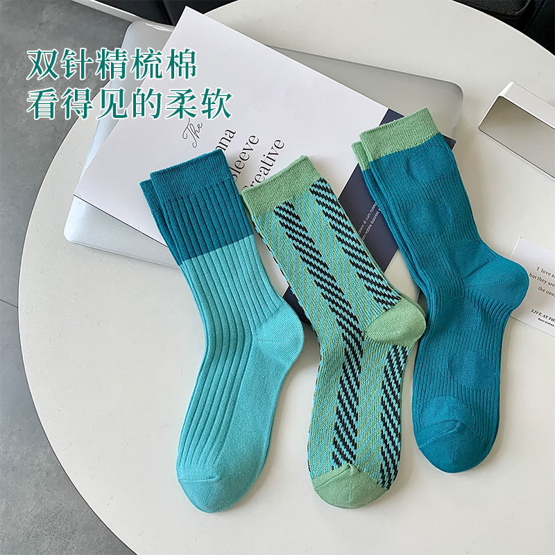 Women‘s Vintage Color Matching Tube Socks Dopamine Double Needle Cotton Socks Sweat-Absorbent Breathable Bunching Socks Women‘s Casual Long Socks