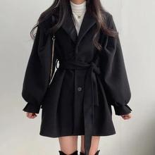 新款韩版秋冬宽松大衣女呢子西装领中长款小个子毛呢外套女