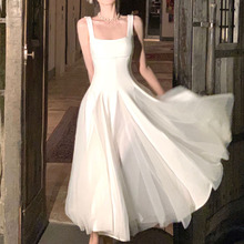 白色吊带连衣裙2023女新款网纱蓬蓬仙女高级感长裙子芭蕾风