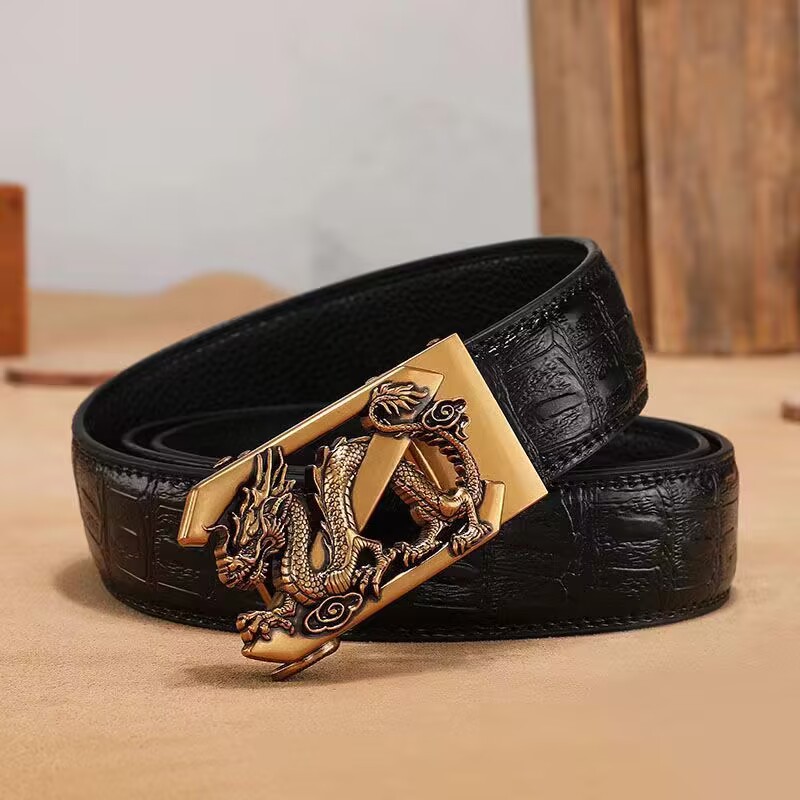 外贸新款仿古铜自动扣男士皮带鳄鱼纹复古裤腰带男款国风龙头腰带