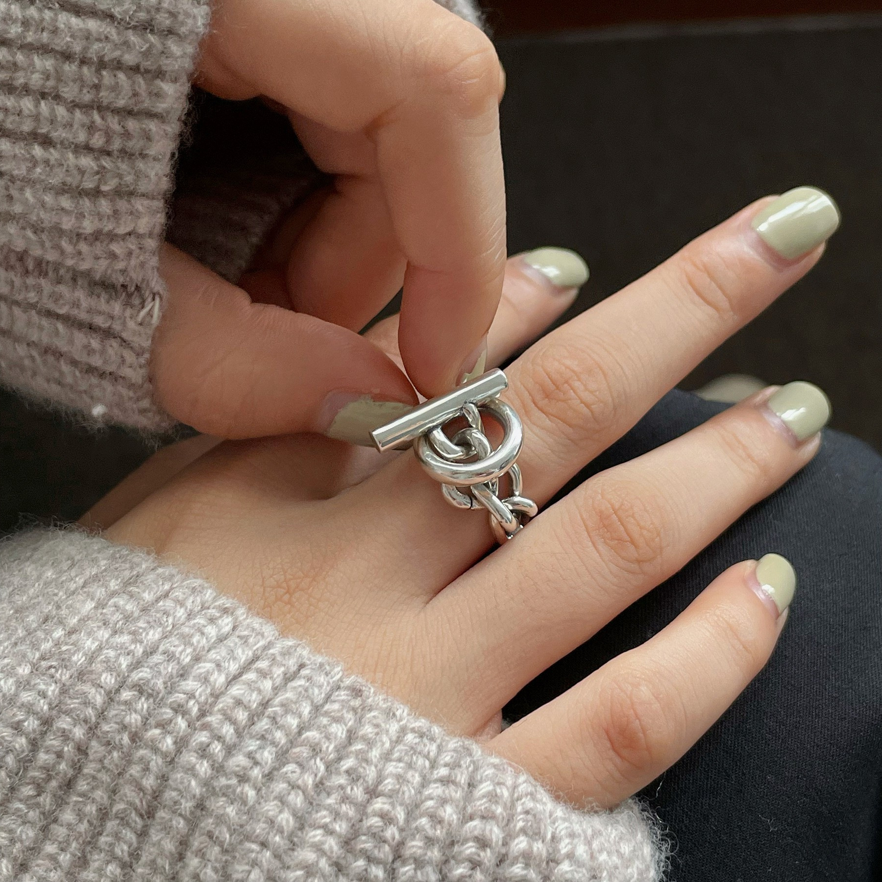 Korean Style S925 Silver Personalized round Ring Multilayer Ring Women's Retro Fashion OT Buckle Chain Opening Index Finger Ring Fashion