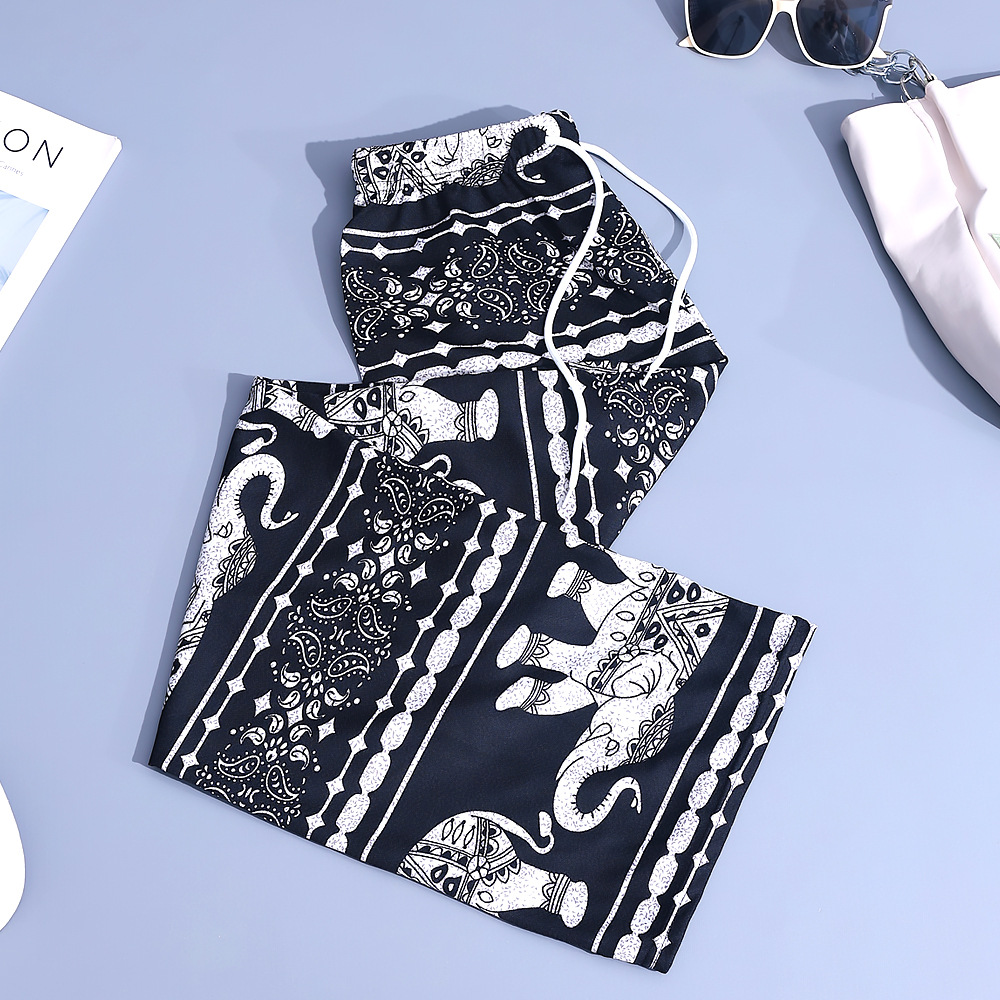 新外贸阔腿裤女式印花长裤宽松高腰休闲拖地裤跨境专供泰国大象裤-阿