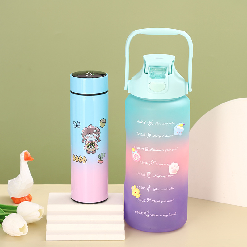 Cyber Celebrity Style New Arrival Double Drink Gradient Smart Insulation Cup Cup Set Large Capacity Plastic Sports Water Bottle Cross-Border Factory Wholesale