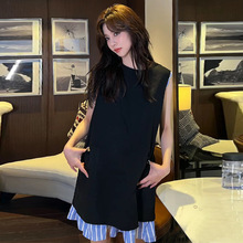 【预售】宋妍霏明星同款黑色无袖连衣裙2024夏季新款假两件百褶裙