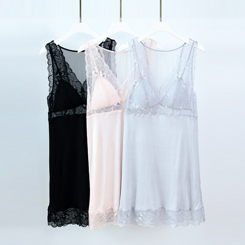 Tangge Spring and Summer New Silk Acetate Nightdress Lace Sexy Cup One-Piece Mulberry Silk Suspender Base Skirt