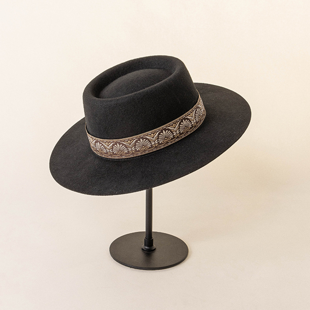 欧美秋冬新款时尚复古刺绣织带羊毛呢圆环顶礼帽户外逛街造型毡帽