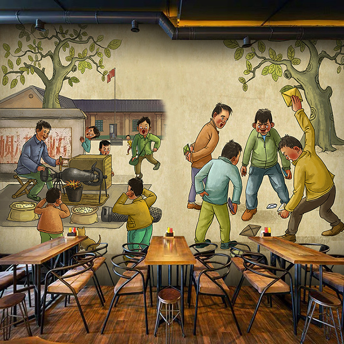 青春复古烧烤店3d壁纸7080后怀旧饭店餐厅装修墙纸串串麻辣烫壁画