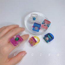 虞虞  韩国个性小众透明糖果色方块不规则亚克力镶钻方形树脂戒指