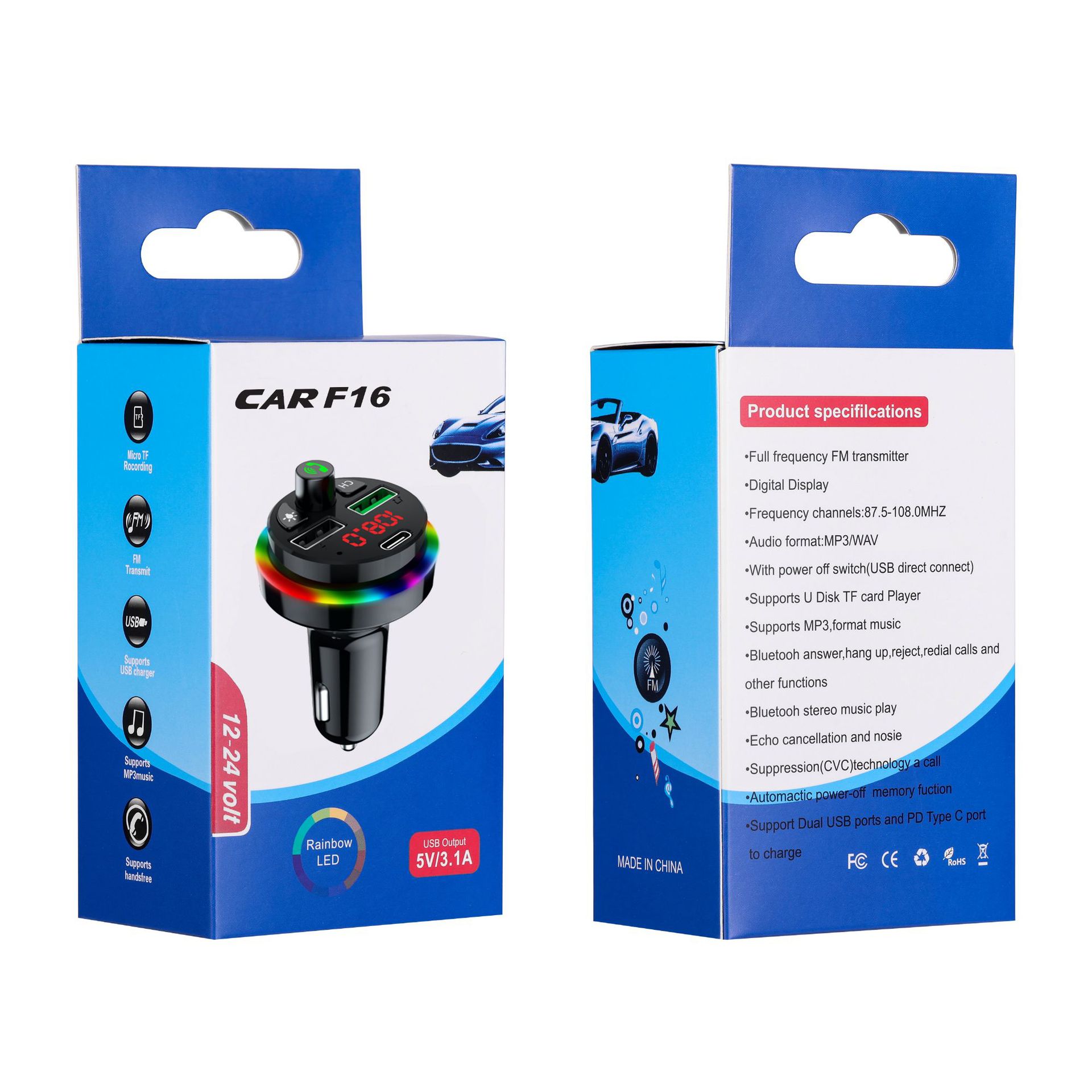 Car MP3 Bluetooth Player Seven-Color Ambience Light FM Transmitter U Disk TF Card Expansion F17usb Car Charger F16