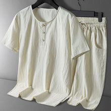 棉麻短袖短裤套装女中国风宽松大码圆领夏季潮流休闲运动两件套