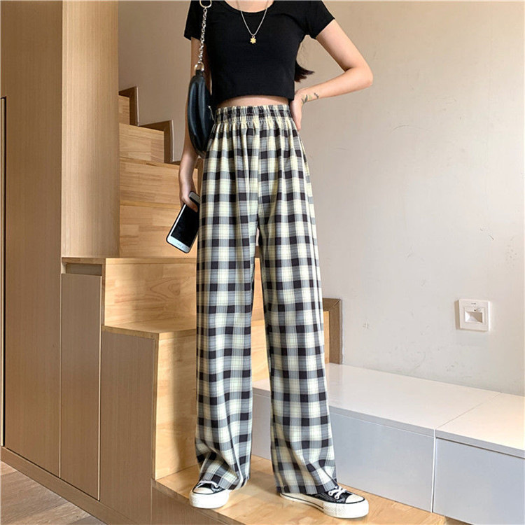 Plaid Pants Women's Summer Thin 2023 New High Waist Slimming and Straight Wide Leg Pants Loose Drooping Mopping Casual Pants