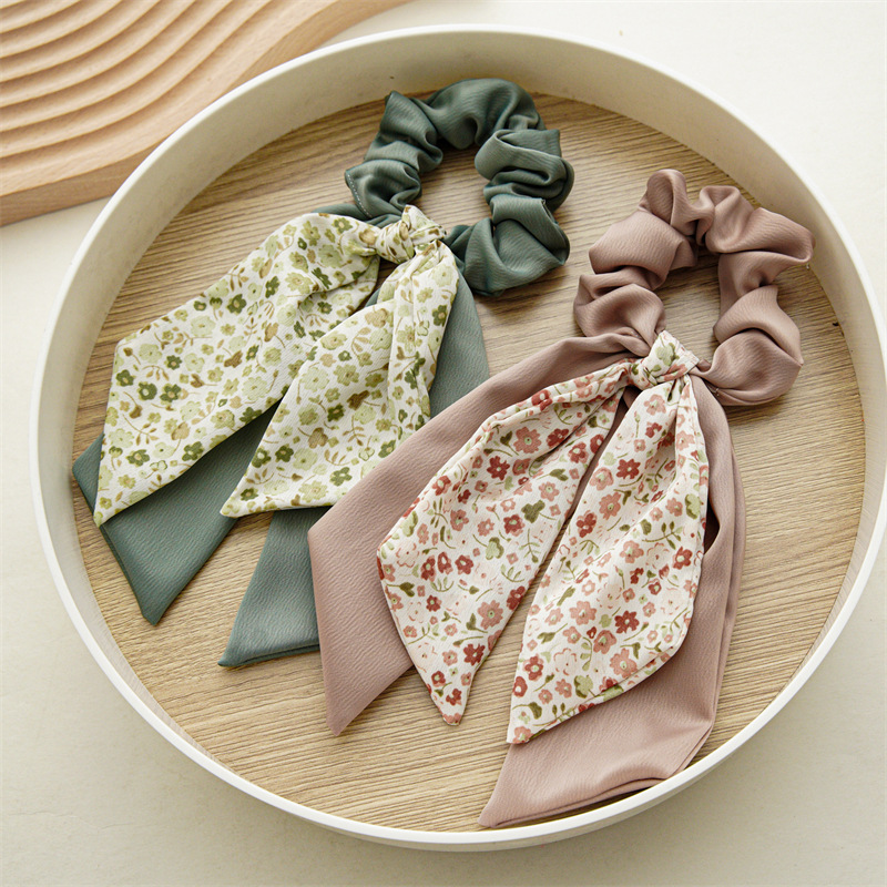 Summer New Floral Double-Layer Bow Ribbon Large Intestine Hair Band Japanese and Korean Hair Band Elastic Hair String Temperament Hair Band