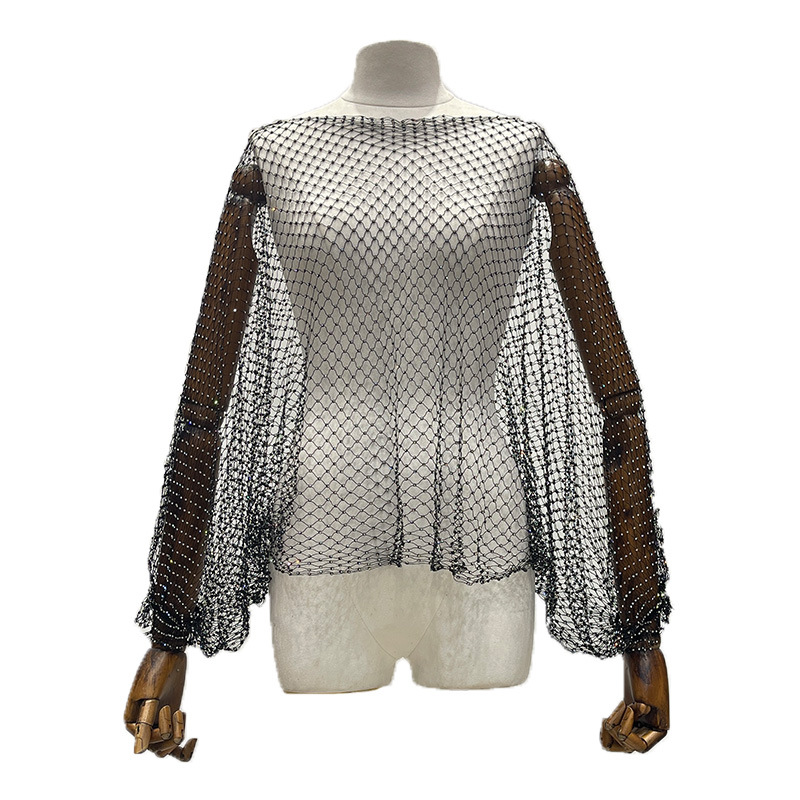 时尚重工镶钻上衣镂空透视渔网比基尼罩衫一字领女装夜店表演