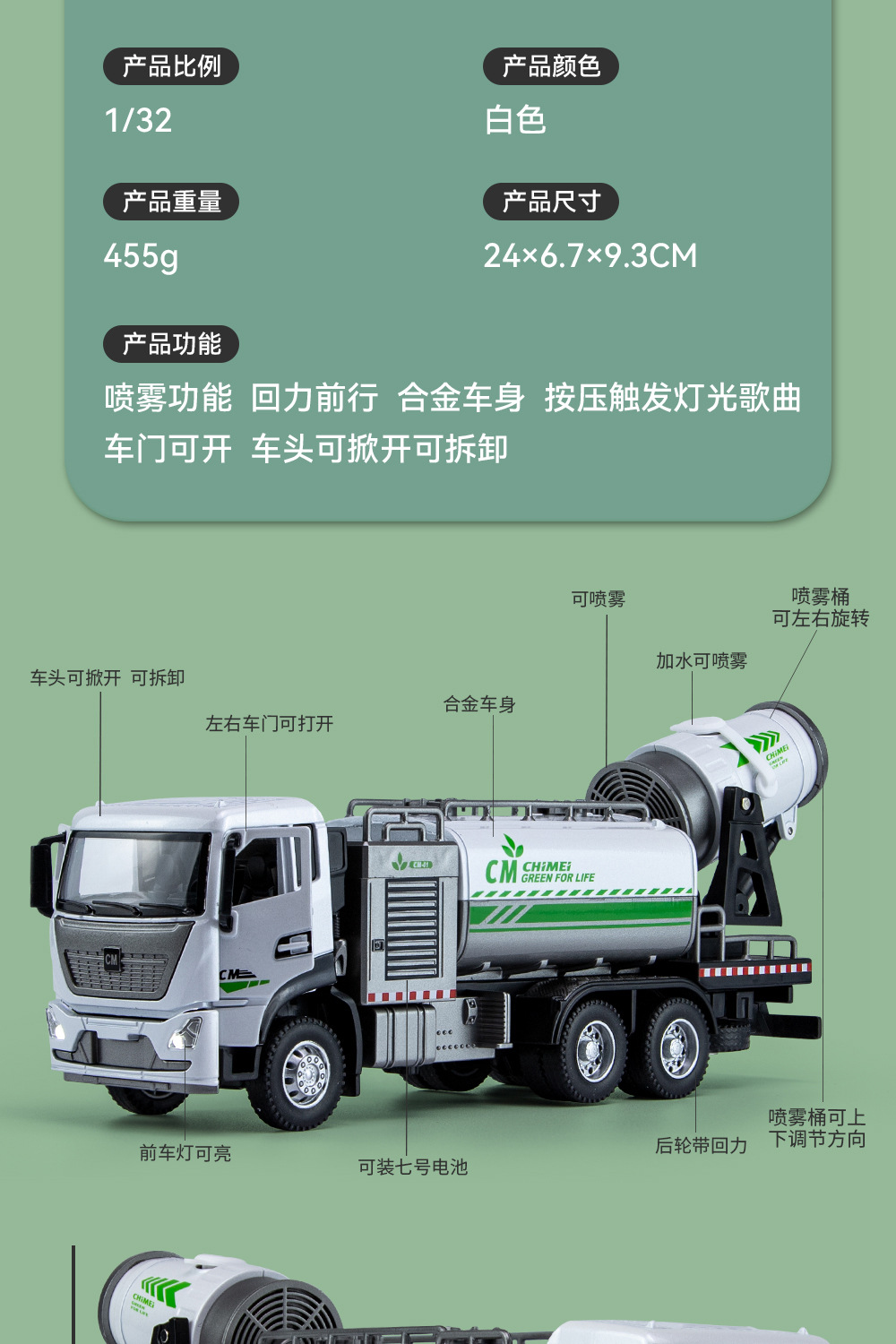 美驰捷仿真城市除尘防霾车回力声光合金洒水喷雾模型玩具 泡沫盒