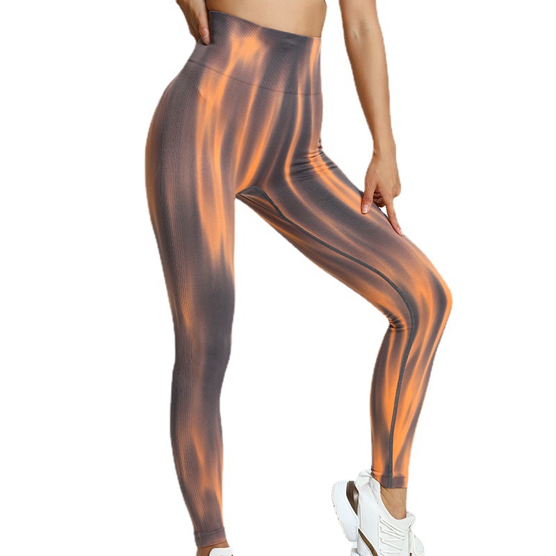 Cross-Border European and American Tie-Dyed Aurora Hip Lifting Seamless Yoga Pants Flame Pattern Fitness Pants Outdoor High Waist Tight Sports Pants