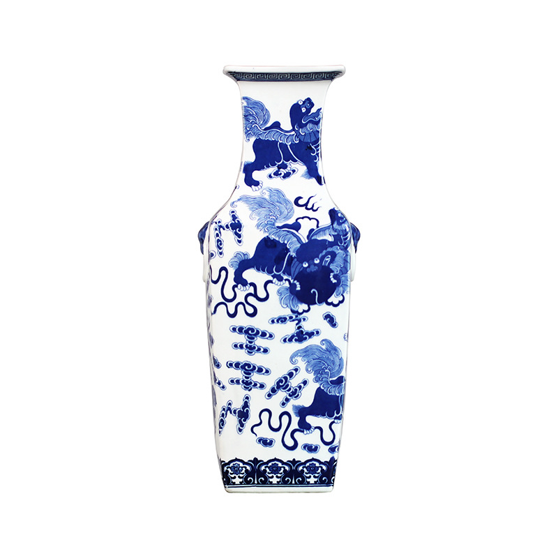 Jingdezhen Ceramic Chinese Style Hand Painted Blue and White Ming and Qing Lion Pattern Double-Ear Square Flower Porcelain Bottle Living Room Hallway Decoration Ornaments