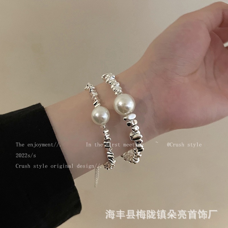 Women's Silver-Broken Two Small Square Pearl Necklace Original Irregular Design Clavicle Chain Fashion Retro High-End Necklace