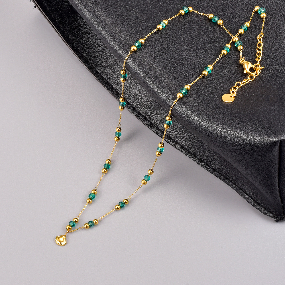 l39跨境外贸手工链绿珠小贝壳项链锁骨链 钛钢镀18k可代发-阿里巴巴