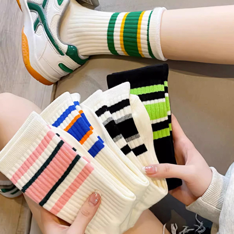 Stockings Women's Summer Thin Cotton Socks Outer Wear Striped Sports Mid-Calf Versatile Autumn and Winter Horizontal Striped White Tide Socks