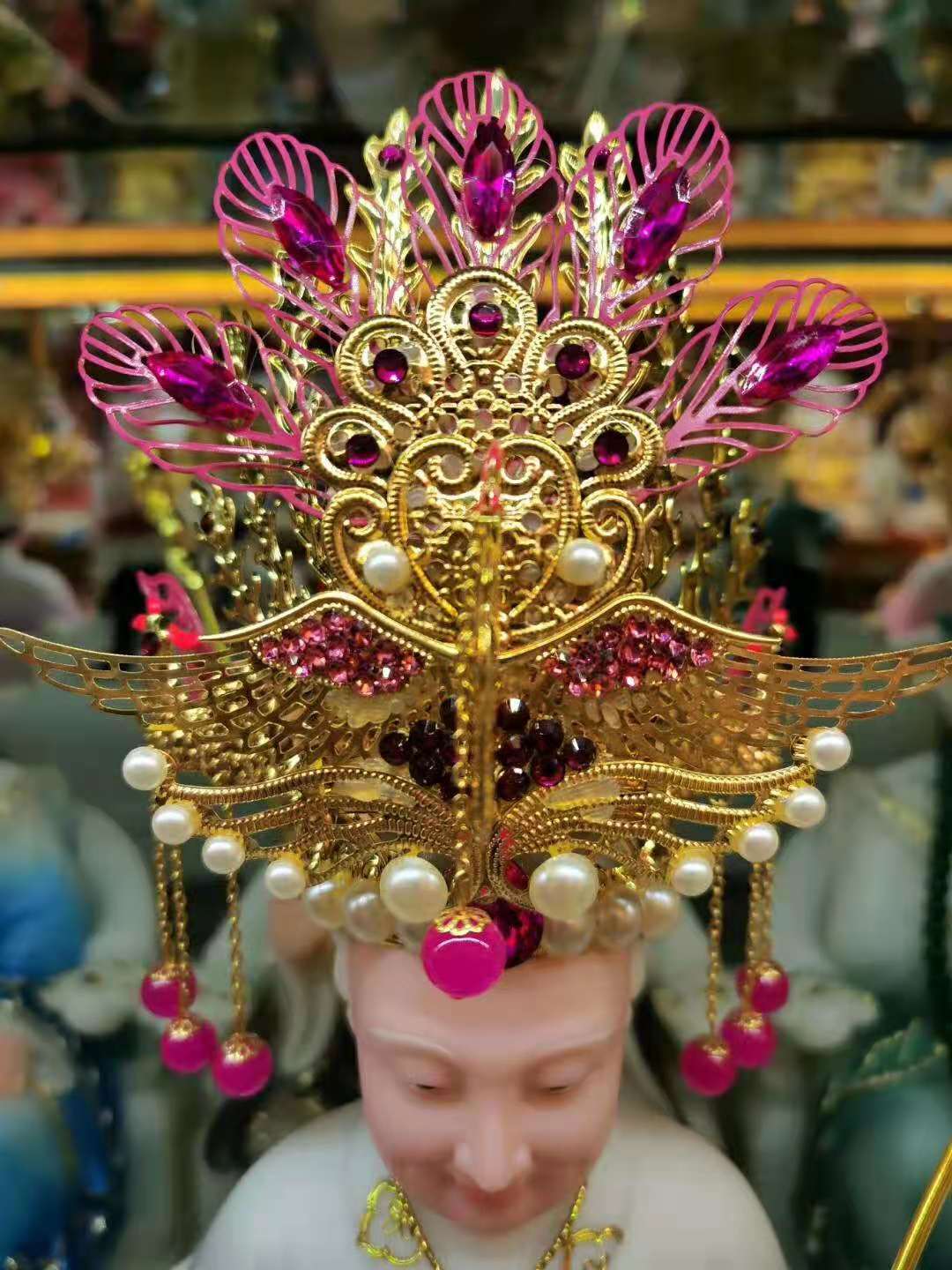 凤冠霞帔头饰娘娘大号神帽观音帽子神明佛像娘娘帽神像帽冠三凤冠