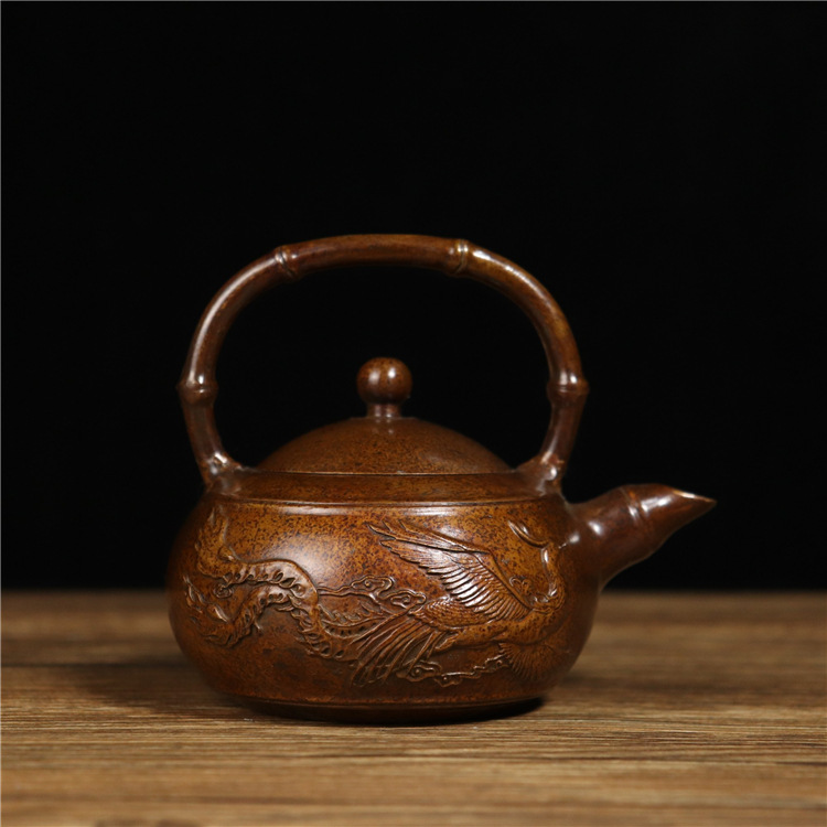 古玩收藏纯铜老铜壶提梁龙凤呈祥泡茶壶老包浆居家茶道小摆件