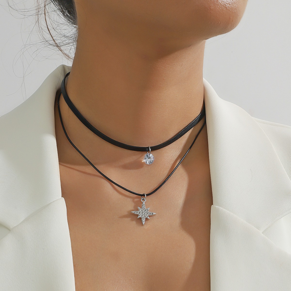 新款韩版双层简约水钻芒星吊坠项链配饰百搭气质短款项圈脖子颈链