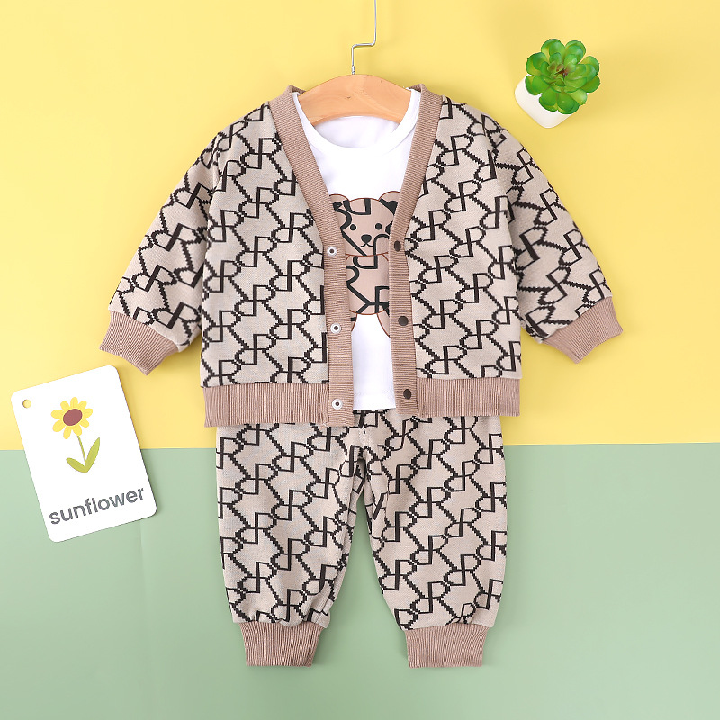 Baby Spring and Autumn Clothes Baby Boy Baby Girl Suit Cotton Jumpsuit Newborn Fashionable Cardigan Pants Three-Piece Suit