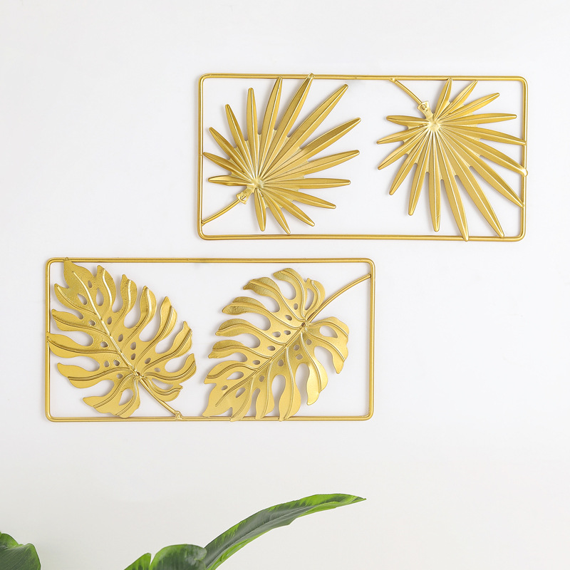 Nordic Light Luxury Golden Monstera Square Wall Hanging Home Living Room Bedroom Study Wall Decorative Mural