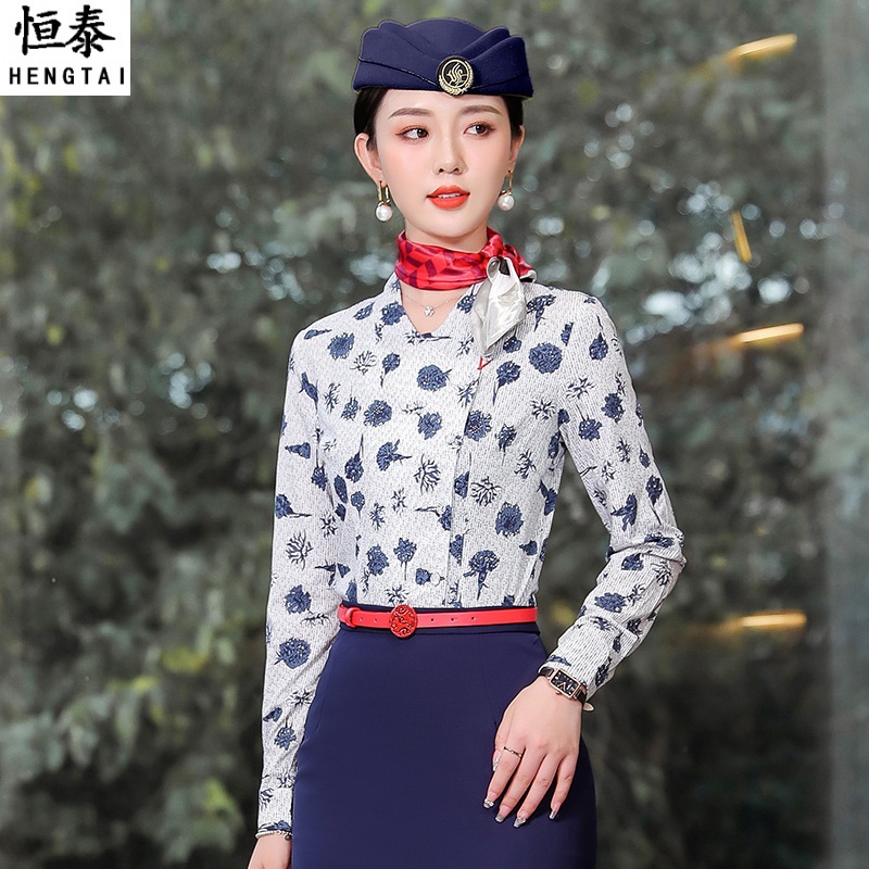 东航空姐制服职业装女高端衬衫青花瓷衬衣酒店前台工装售楼工作服