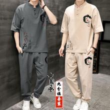 男士短袖T恤夏季套装中国风男装刺绣棉麻复古风衣服宽松大码汉服
