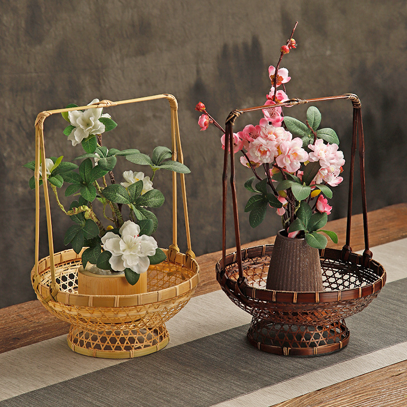 手工竹编花篮日式花艺道高档竹篮插花小原流花器禅意中式花盆大