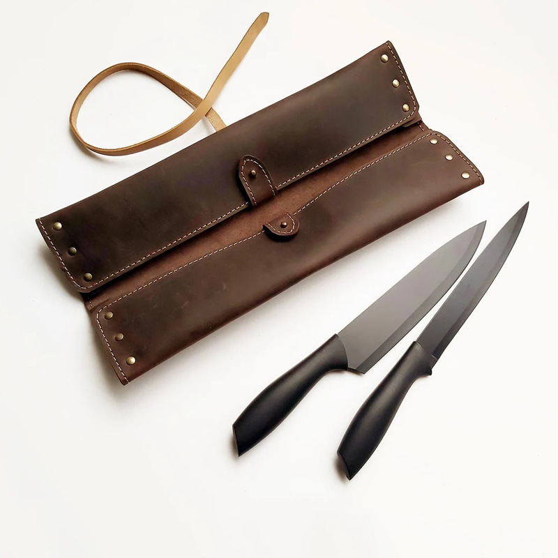 复古两支装牛皮刀套 便捷厨师刀具收纳卷包 户外刀具收纳保护包