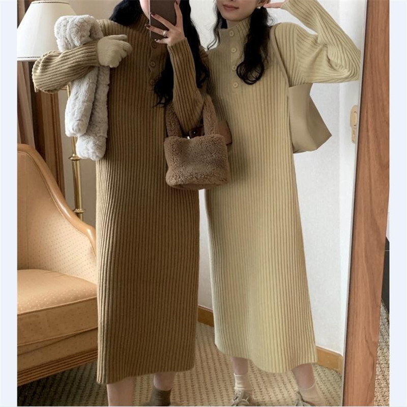 Korean Style Stand-up Collar Thick Sunken Stripe Inner Knitted Dress for Women 2023 Autumn and Winter Warm Mid-Length Pullover Woolen Skirt