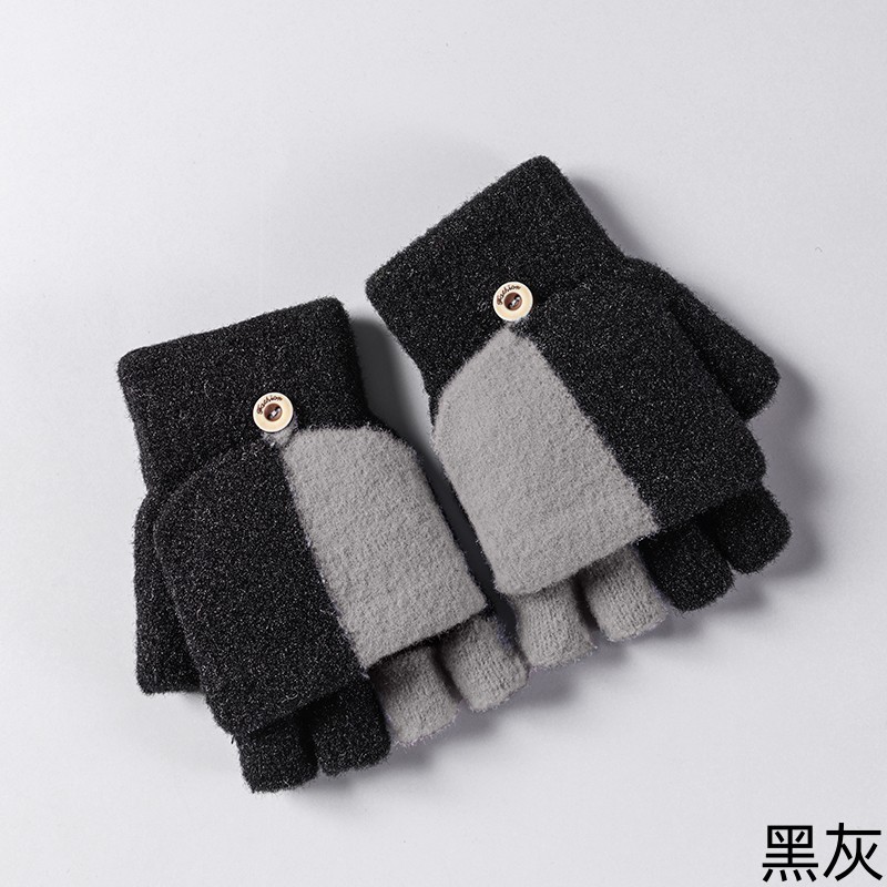 Student Cute Gloves Women's Winter Half Finger Flip Knitted Leaky Finger plus Velvet Thickened Cold-Proof Warm Open Finger Wholesale