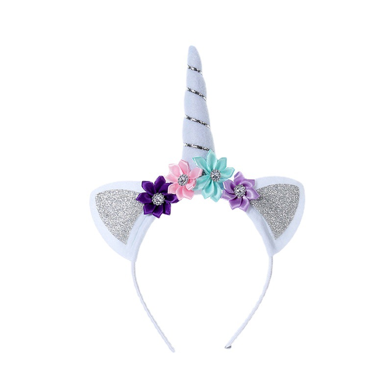 European and American Unicorn Party Hot-Selling Headband Gold and Silver Ears Animal Headband Headwear Children's Flower Voile Headband