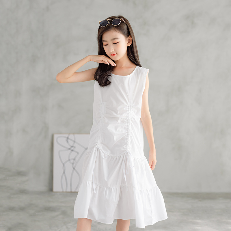 儿童背心长裙2021夏装纯棉抽绳公主裙中大女童韩版洋气白色连衣裙