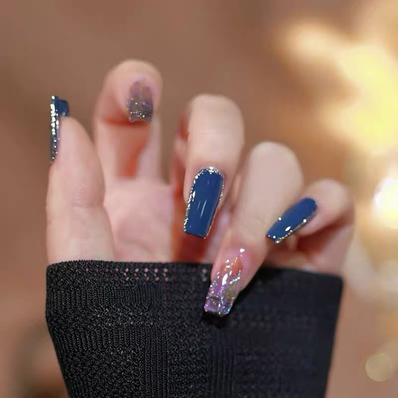 显白雾霾蓝琉璃碎钻美甲成品中长款可拆卸穿戴家假指甲贴片甲片