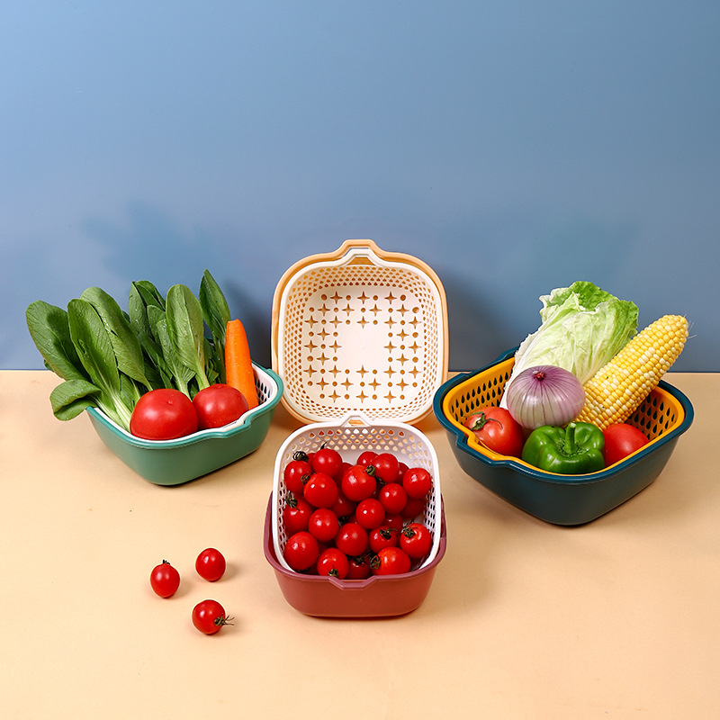 Double-Layer Vegetable Washing Basket Drain Basket Kitchen Tool Storage Multi-Functional Household Fruit Plate Washing Vegetable Basket Six-Piece Set Wholesale