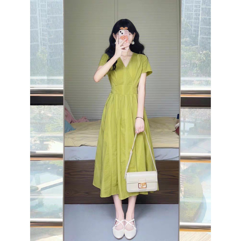 2023 Summer New Popular Stunning Goddess Temperament Green Dress Women's Tight Waist High-Grade Chic French Dress