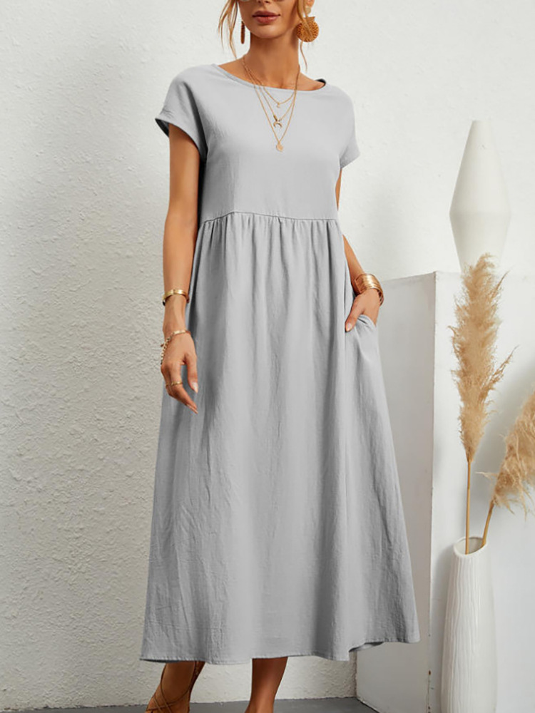 Amazon Aliexpress 2024Ebay European and American Solid Color Sleeveless Loose Cotton Linen Pocket Dress in Stock Women Clothes