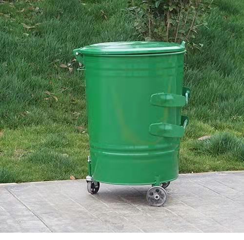 金属铁质环卫垃圾箱户外圆形240l果皮箱钢板物业挂车铁制大圆桶