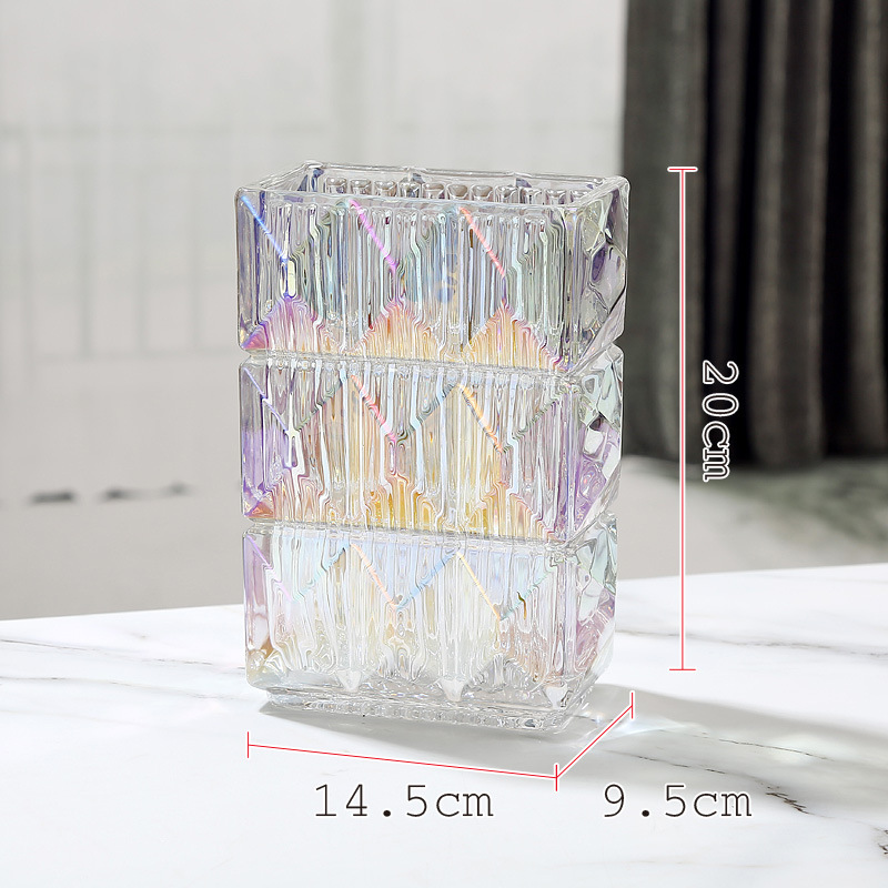 Thickened Square Fine Carved Glass Transparent Aquatic Flower Vase Dining Table Home Decoration Soft Decoration