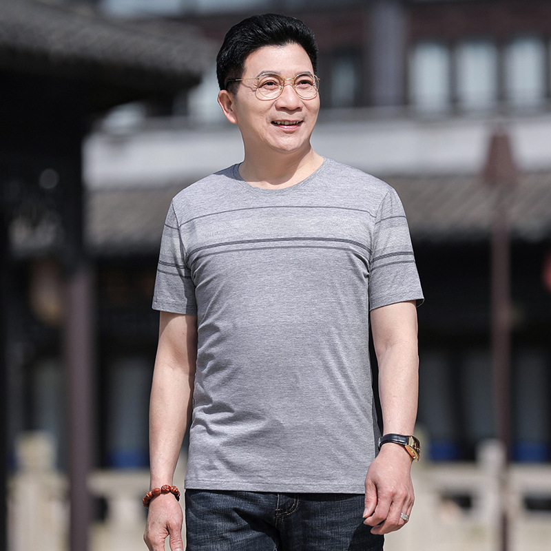 混棉短袖t恤男圆领中年夏季爸爸装宽松半袖中老年人老头打底汗衫
