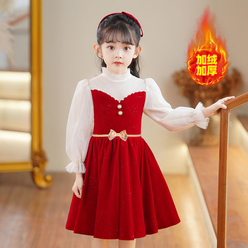 儿童礼服连衣裙冬2024新款加绒女童丝绒红色公主裙花童主持表演服