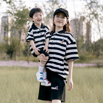 现货】2023亲子短袖t恤母子装卡通宽松母女装条纹亲子装t恤套装