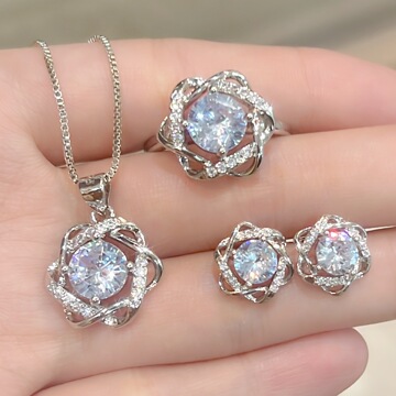 抖音直播满钻六芒星戒指耳钉吊坠项链18k金旋转风车钻戒首饰套装