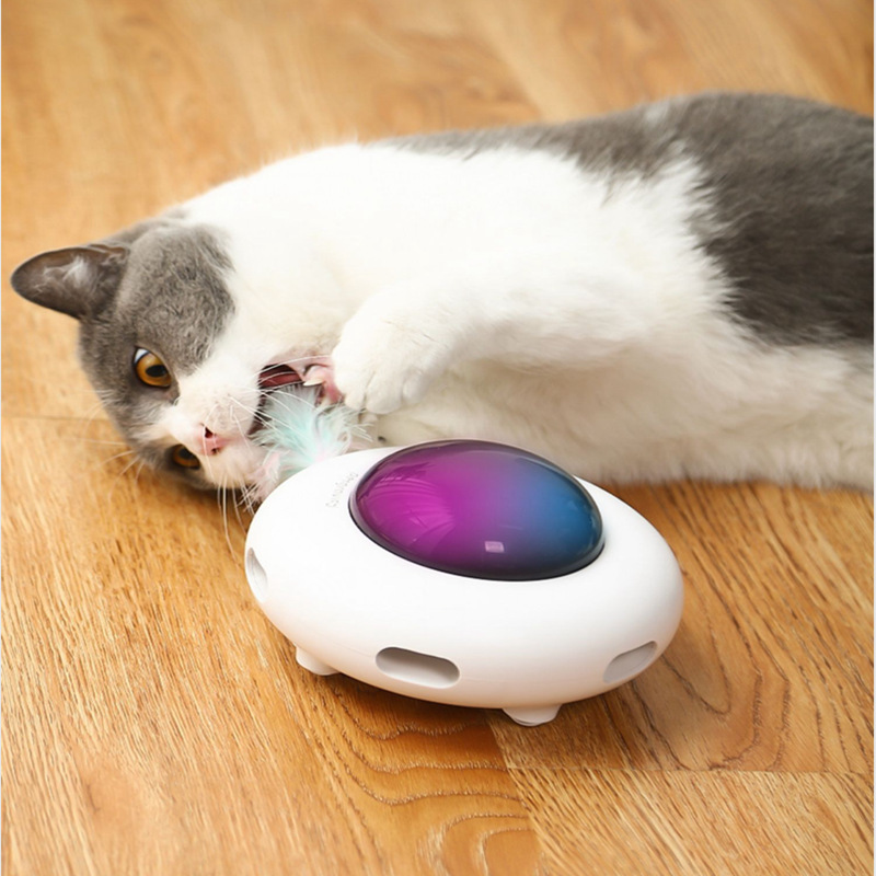 Electric Funny Cat Turntable Pet Cat Toy Cat Self-Hi Feather Stick Automatic Cleaning Hair UFO Cat Teaser Toy
