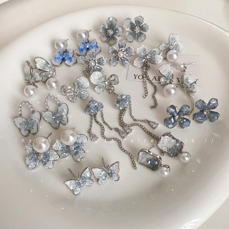 Silver Needle Blue Gradient Crystal Butterfly Flower Earrings Female Niche Design All-Match Earrings Personalized High-Grade Earrings