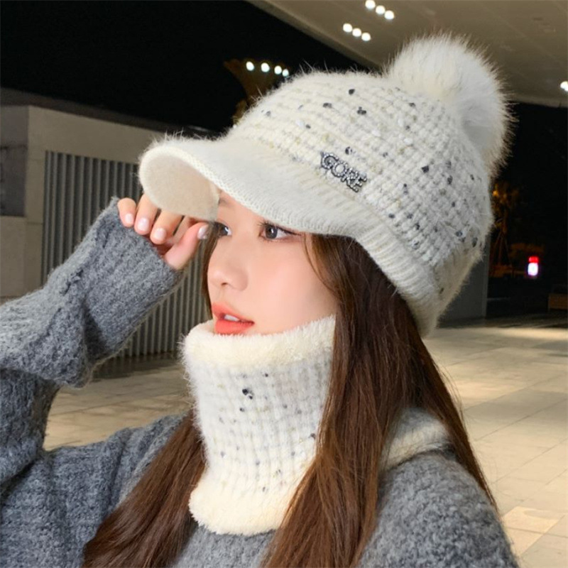 女士兔毛加绒针织帽子韩版潮毛线护耳鸭舌帽户外防寒保暖帽子围脖